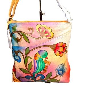 Anuschka Hand Painted Leather Portuguese Parrot Crossbody Bag, NWT